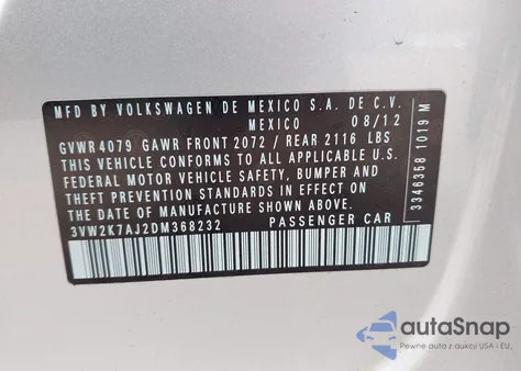 2013 Volkswagen Jetta 2.0L S из США, поврежденный, VIN 3VW2K7AJ2DM368232